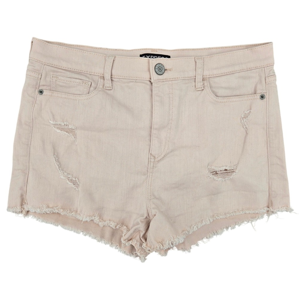 Express 12 Shortie High Rise Denim Shorts Womens Blush Pink Distressed Frayed
